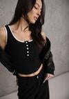 Czarny Prążkowany Top z Bawełny Ozdobiony Guzikami przy Dekolcie Beralissa