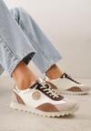 Beżowo-Złote Sneakersy ze Skórzaną Wkładką Ozdobione Metaliczną Aplikacją Tidina