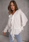 Biała Eteryczna Bluzka z Bawełny Zdobiona Falbankami i Ściągaczem w Pasie Cezarelle