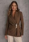 Brązowa Marszczona Marynarka Taliowana z Wiskozą z Ozdobą przy Wiązaniu Zynelle
