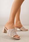 Beżowe Ażurowe Klapki na Słupkowym Obcasie z Kwadratowym Noskiem Lumetia