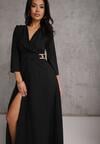 Czarna Elegancka Sukienka o Kopertowym Kroju Zdobiona Aplikacją w Talii Zilendra