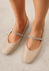 Beżowe Balerinki w Stylu Mary Jane z Paskiem z Cyrkoniami Cireris