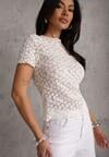 Biała Dopasowana Bluzka z Koronki z Krótkim Rękawem Britune