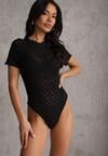 Czarne Body z Koronki o Dopasowanym Kroju z Krótkim Rękawem Adradina