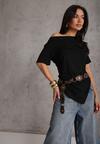 Czarna Asymetryczna Bluzka z Wiskozy z Krótkim Rękawem Zdobiona Marszczeniem Undishi