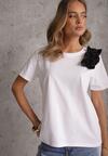 Biało-Czarny Bawełniany T-shirt o Klasycznym Kroju z Kwiatowymi Aplikacjami 3D Morgane