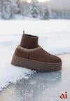 Brązowe Śniegowce VICES na Platformie ze Skarpetkową Cholewką i Haftem Ebentia