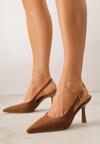 Jasnobrązowe Szpilki Slingback VICES z Imitacji Zamszu z Prostokątną Klamerką Natuma