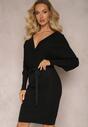 Rochie Neagră Tricotată Mini cu Croi Tip Liliac cu Striații și Curea în Talie Urila