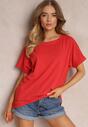 Czerwony Bawełniany T-shirt Oversize z Krótkim Rękawem i Dłuższym Tyłem Zanimara