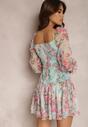 Jasnozielona Kwiecista Sukienka Mini z Falbankami i Ozdobnymi Rękawami Iale