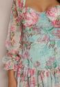 Jasnozielona Kwiecista Sukienka Mini z Falbankami i Ozdobnymi Rękawami Iale