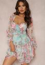 Jasnozielona Kwiecista Sukienka Mini z Falbankami i Ozdobnymi Rękawami Iale