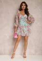 Jasnozielona Kwiecista Sukienka Mini z Falbankami i Ozdobnymi Rękawami Iale