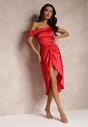Czerwona Satynowa Sukienka o Asymetrycznym Fasonie z Marszczeniem Nermar
