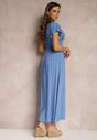 Niebieska Wiskozowa Sukienka z Kopertowym Dekoltem i Gumką w Pasie Shura