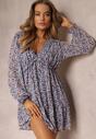Rochie Mini Evazată Mov cu Flori și Elastic în Talie Antonette