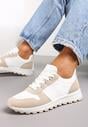 Biało-Beżowe Sznurowane Sneakersy na Płaskiej Podeszwie z Wycięciami i Wstawkami Zaylynn