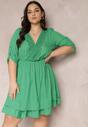 Zielona Sukienka Mini z Gumką w Talii i Koronkowymi Wstawkami Kelia