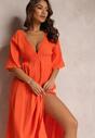 Pomarańczowa Rozkloszowana Sukienka Maxi z Głębokimi Wycięciami i Gumką w Talii Thanthea