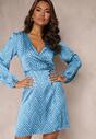 Niebieska Asymetryczna Sukienka Mini z Długim Rękawem i Sznurkiem w Talii Cyness