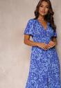 Niebieska Taliowana Sukienka Midi z Krótkim Rękawem i Gumkami w Talii Zerala
