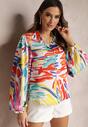 Cămașă Alb-Roșie cu Model Colorat cu Manșete Elastice Taylea