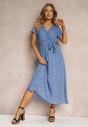 Niebieska Sukienka z Wiskozy z Gumką i Wiązaniem w Pasie Alethy