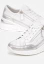 Biało-Srebrne Skórzane Sneakersy na Ozdobnym Koturnie ze Sznurowaniem i Suwakiem Felline