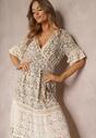 Rochie bej cloș cu dantelă și elastic în talie Ebosine
