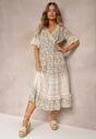 Rochie bej cloș cu dantelă și elastic în talie Ebosine