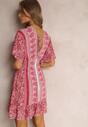 Różowo-Czerwona Sukienka Mini z Wiskozy w Kwiatki z Gumkami w Talii i Szerokim Rękawem Themmo