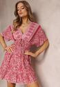Różowo-Czerwona Sukienka Mini z Wiskozy w Kwiatki z Gumkami w Talii i Szerokim Rękawem Themmo