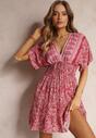 Różowo-Czerwona Sukienka Mini z Wiskozy w Kwiatki z Gumkami w Talii i Szerokim Rękawem Themmo