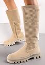 Beżowe Kozaki do Kolana z Perforacją i Wkładką ze Skóry Naturalnej Tenze