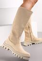 Beżowe Kozaki do Kolana z Perforacją i Wkładką ze Skóry Naturalnej Tenze