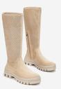 Beżowe Kozaki do Kolana z Perforacją i Wkładką ze Skóry Naturalnej Tenze