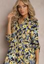 Granatowo-Żółta Koszulowa Sukienka Maxi z Podpinanymi Rękawami w Kwiatowy Wzór c