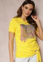 Żółty Bawełniany T-shirt z Dekoracyjnym Wiązaniem i Nadrukiem Terrisa