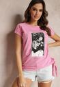 Różowy Bawełniany T-shirt z Ozdonym Nadrukiem i Wiązaniem Koloma