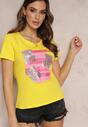 Żółty T-shirt z Nadrukiem Ozdobionym Cekinami i Brokatem Xamos