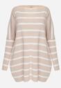 Beżowy Oversizowy Sweter z Rękawami o Fasonie Nietoperz i Wzorem w Paski Eistauma