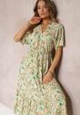 Jasnozielona Sukienka z Gumką w Talii z Wiskozy w Kwiatowy Wzór Cace