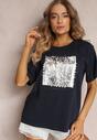 Granatowy T-shirt Bawełniany z Krótkim Rękawem i Nadrukiem Anaia