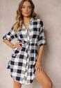 Biało-Granatowa Wiskozowa Sukienka z Guzikami i Sznurkiem w Talii Annurrae