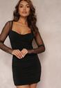 Czarna Dopasowana Sukienka Mini z Długim Rękawem z Siateczki Selerene