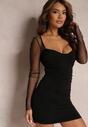 Czarna Dopasowana Sukienka Mini z Długim Rękawem z Siateczki Selerene