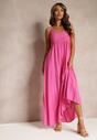 Różowa Rozkloszowana Sukienka Maxi na Cienkich Ramiączkach z Ażurową Górą Batri