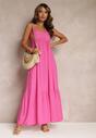 Różowa Rozkloszowana Sukienka Maxi na Cienkich Ramiączkach z Ażurową Górą Batri